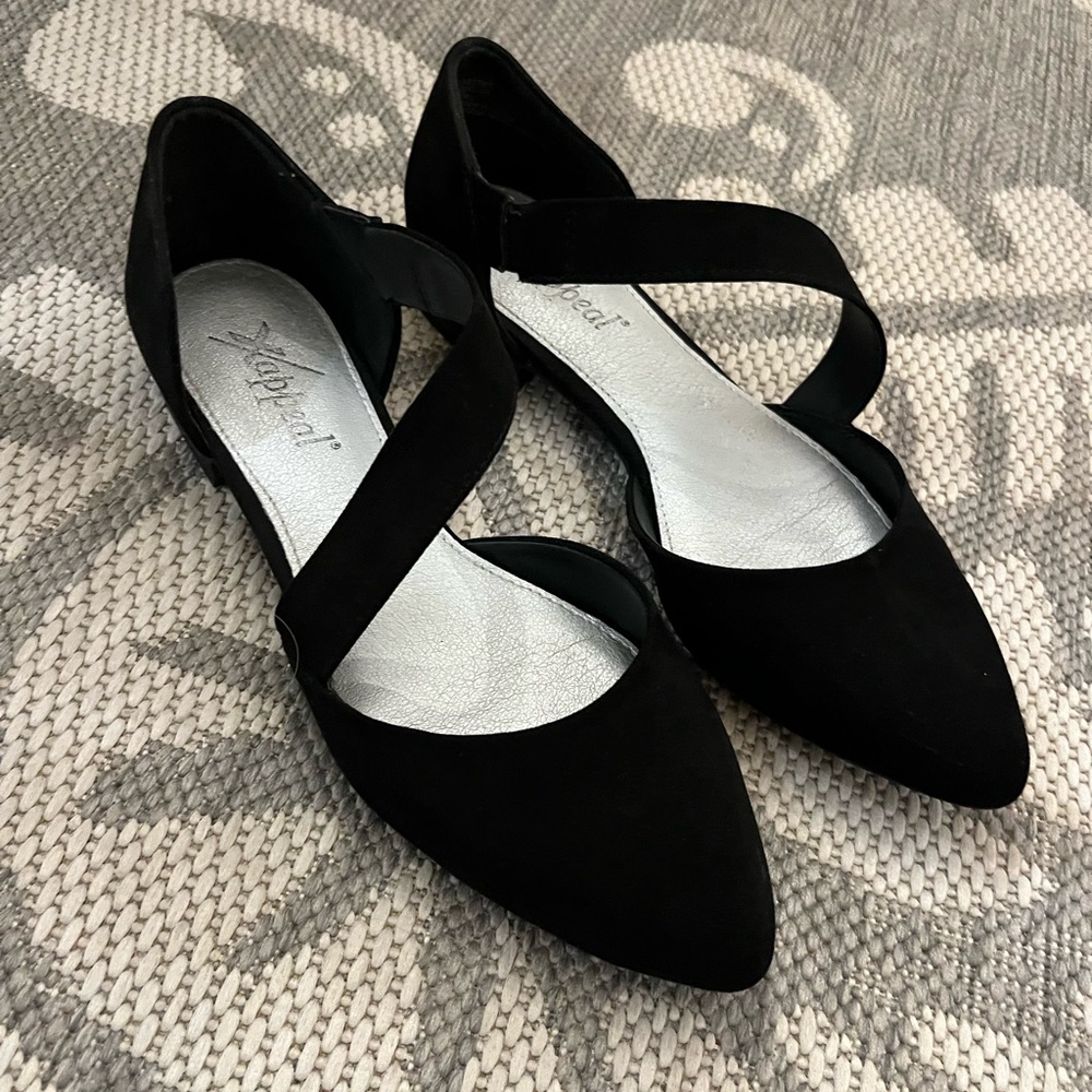 XAPPEAL Slip-on Strap Accent Closed Pointed Ballet Flat with Low Block Heel.